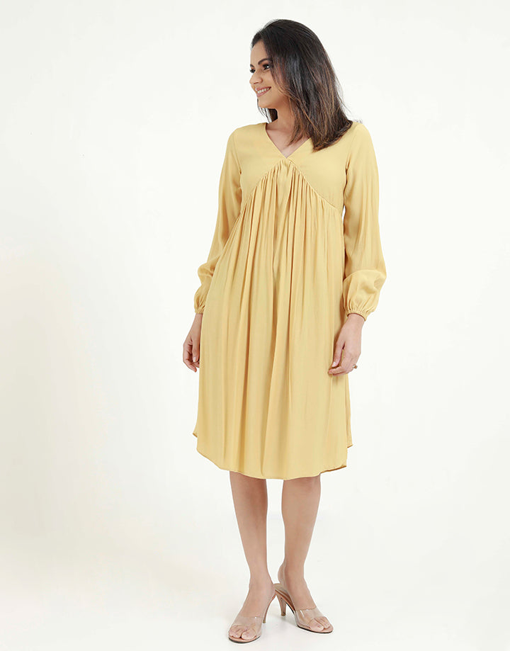 V-Neck Long Sleeves Dress with Gatheres