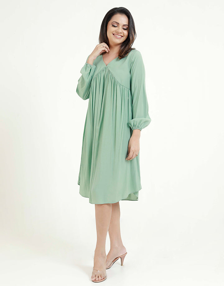 V-Neck Long Sleeves Dress with Gatheres