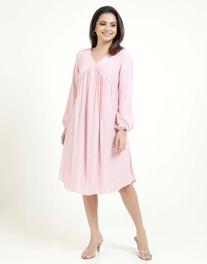 V-Neck Long Sleeves Dress with Gatheres