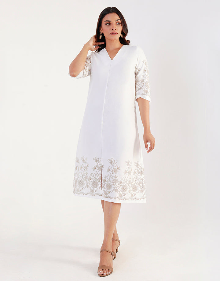 V-Neck Midi Dress with Embossed Print