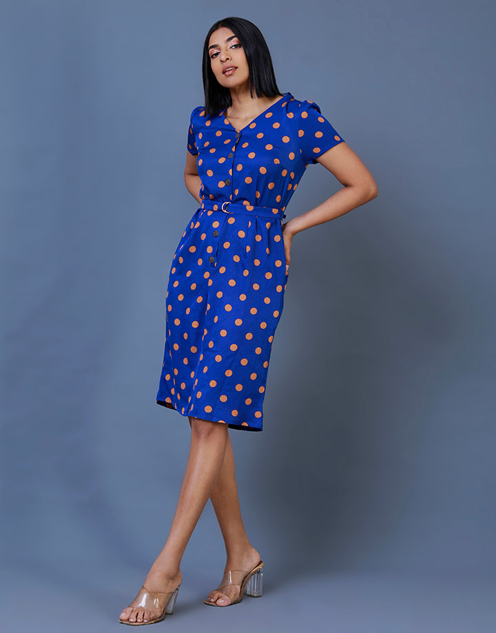 V-Neck Polka Dot Dress with Short Sleeves