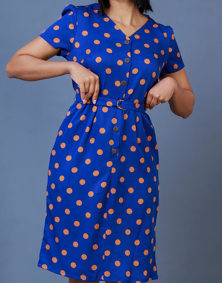 V-Neck Polka Dot Dress with Short Sleeves