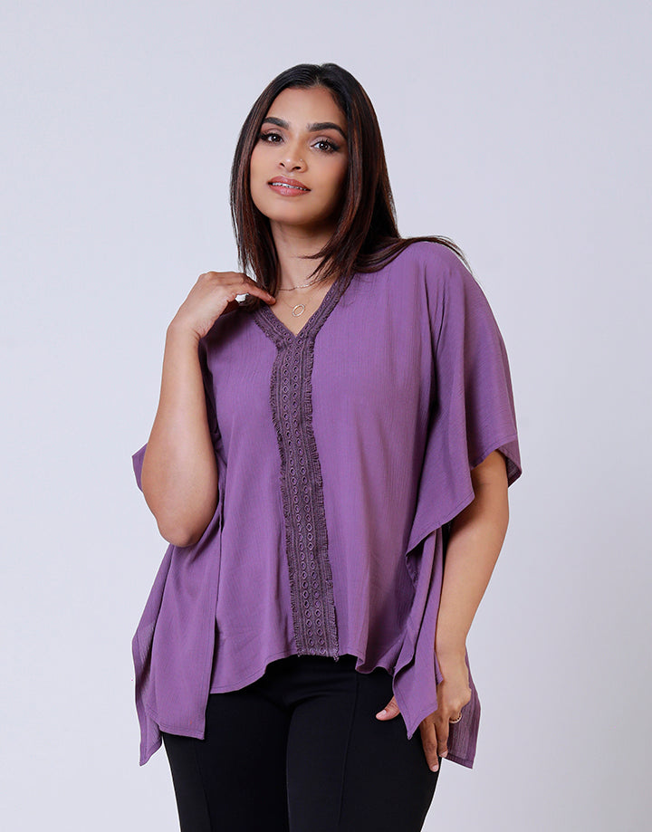 V-Neck Poncho Top with Lace Detail