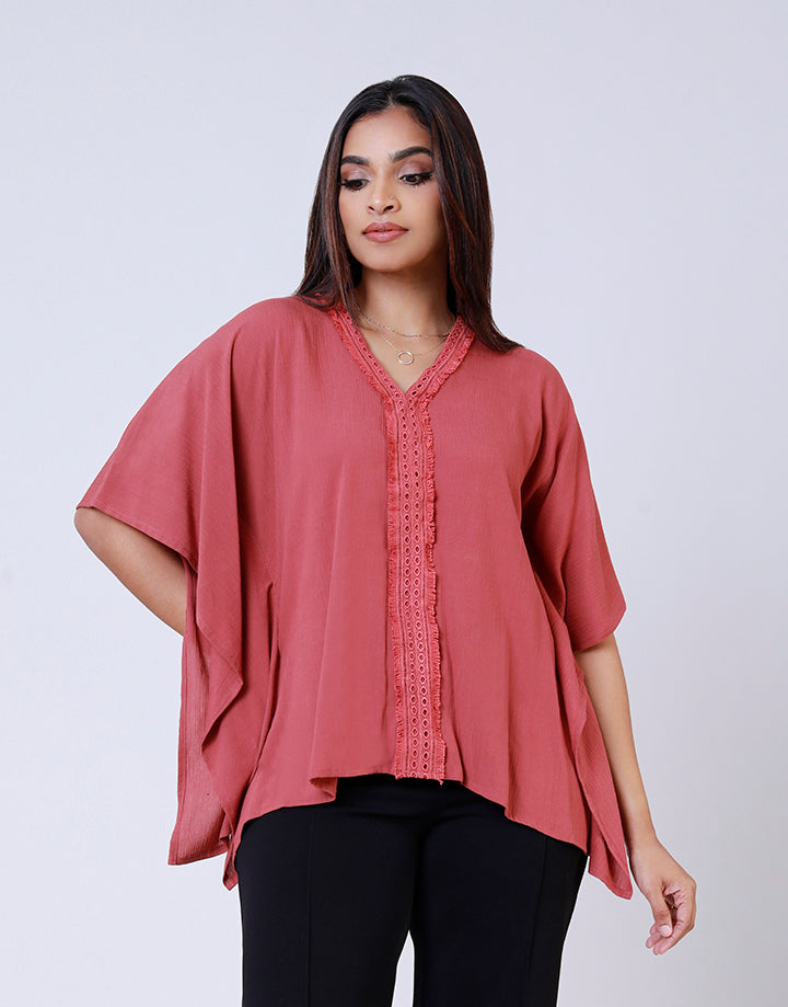 V-Neck Poncho Top with Lace Detail