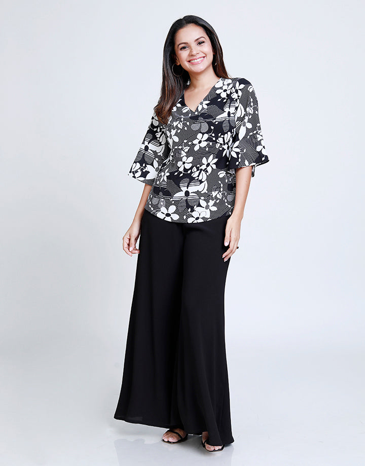 V-Neck Printed Top with Bell Sleeves