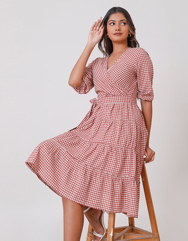 V-Neck Puff Sleeve Tiered Dress