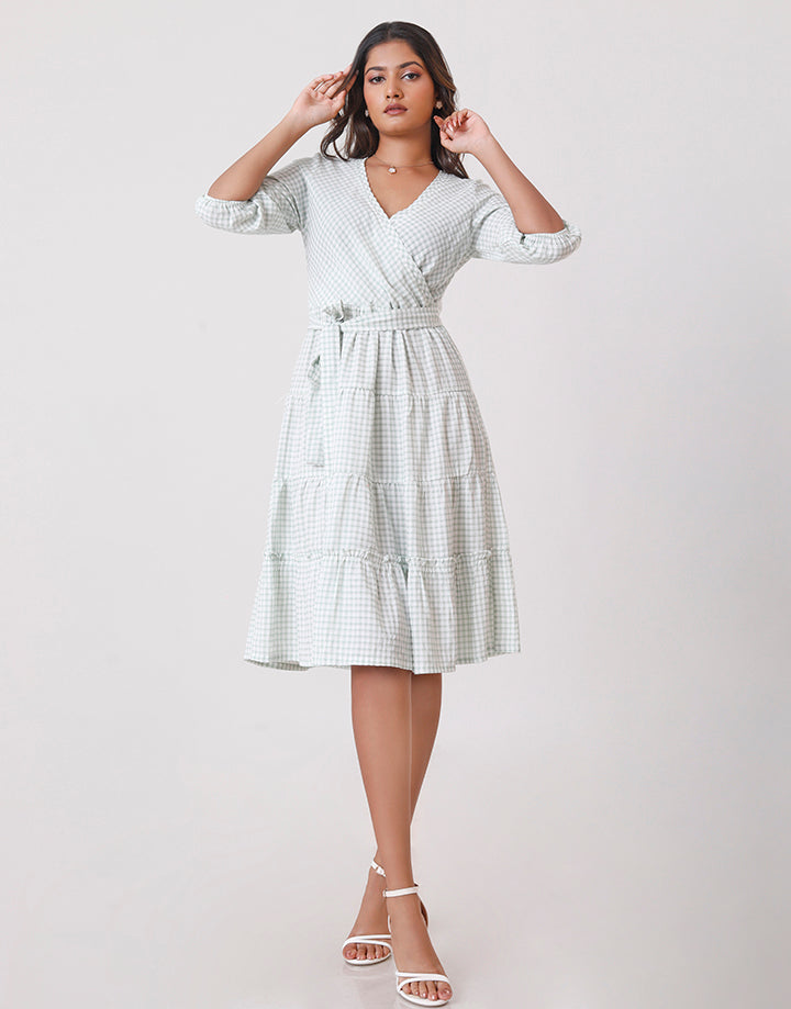 V-Neck Puff Sleeve Tiered Dress