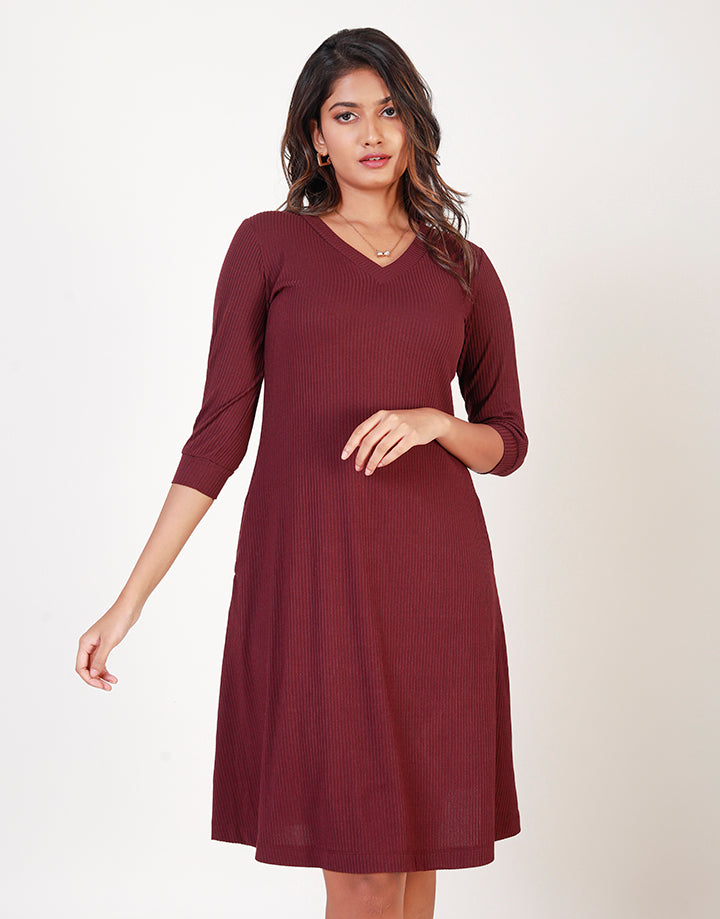 V-Neck Robbed Dress with Flared Hem