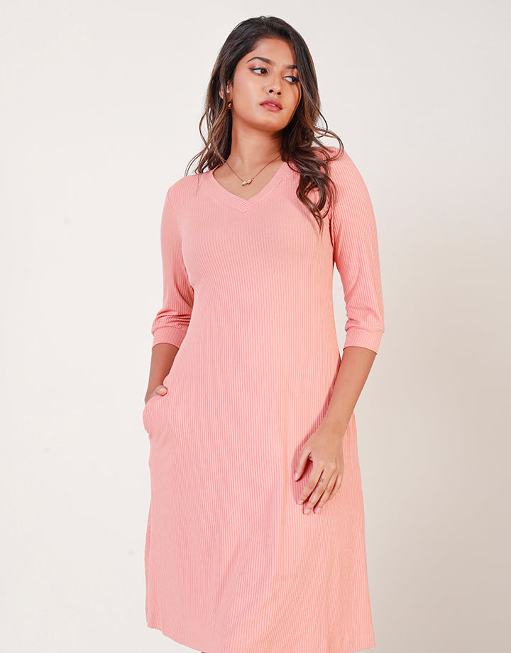 V-Neck Robbed Dress with Flared Hem