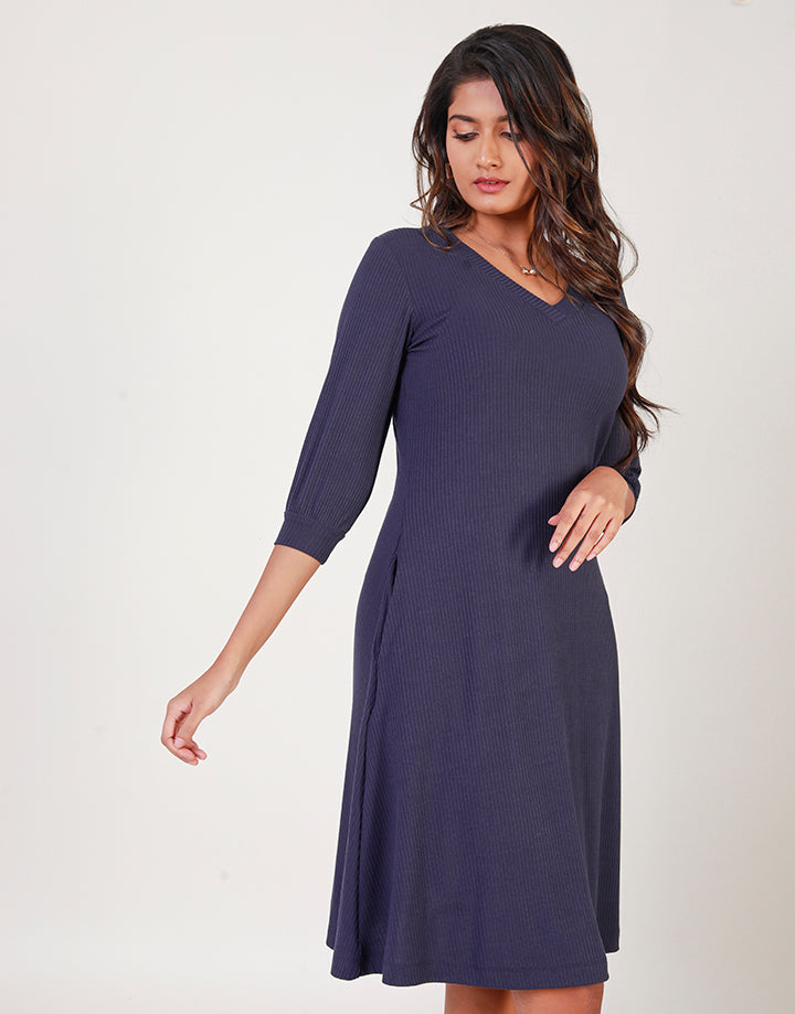 V-Neck Robbed Dress with Flared Hem