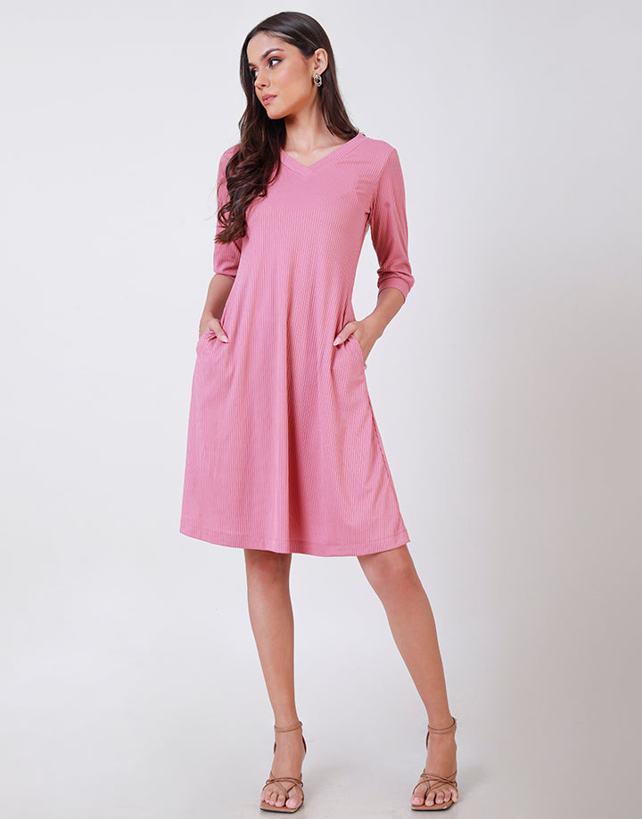 V-Neck Robbed Dress with Flared Hem