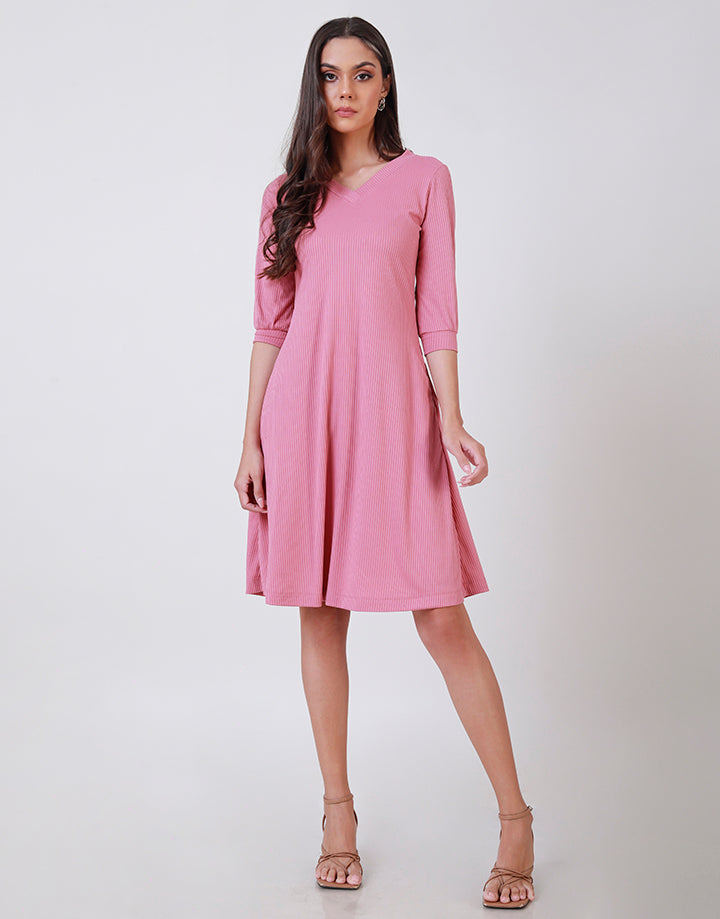 V-Neck Robbed Dress with Flared Hem