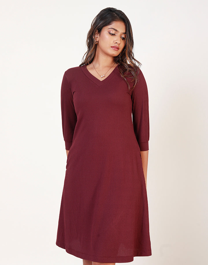 V-Neck Robbed Dress with Flared Hem