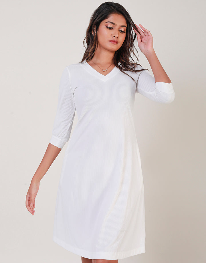 V-Neck Robbed Dress with Flared Hem