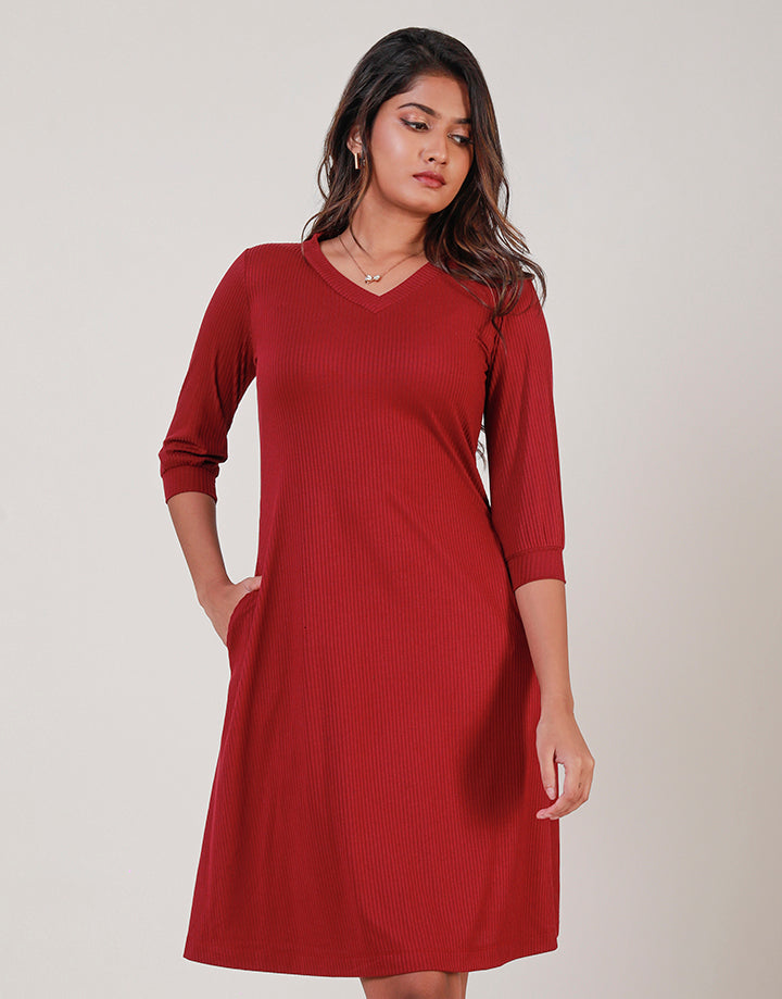 V-Neck Robbed Dress with Flared Hem