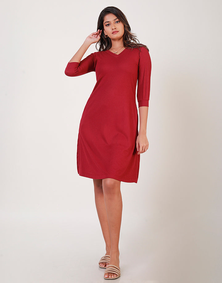 V-Neck Robbed Dress with Flared Hem