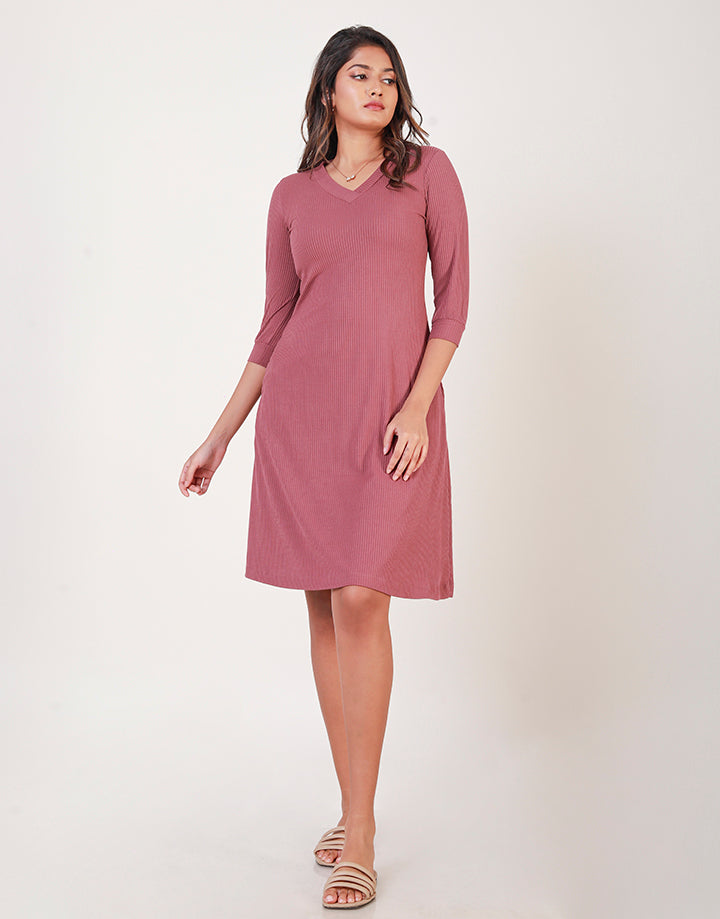 V-Neck Robbed Dress with Flared Hem