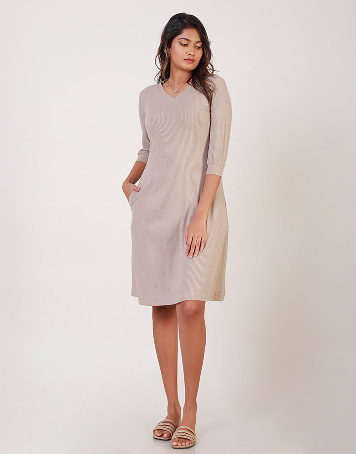 V-Neck Robbed Dress with Flared Hem