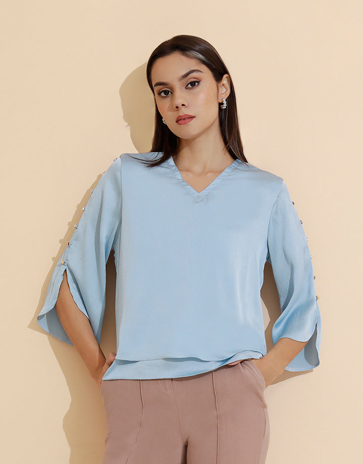 V-Neck Top with Side Button Sleeves