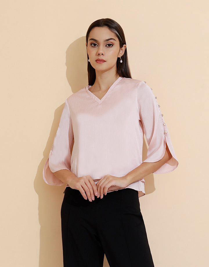 V-Neck Top with Side Button Sleeves