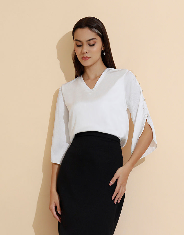 V-Neck Top with Side Button Sleeves