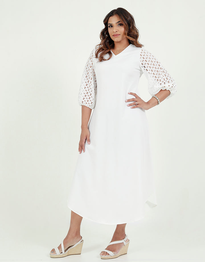 V-Neck White Maxi Dress with ¾ Sleeves