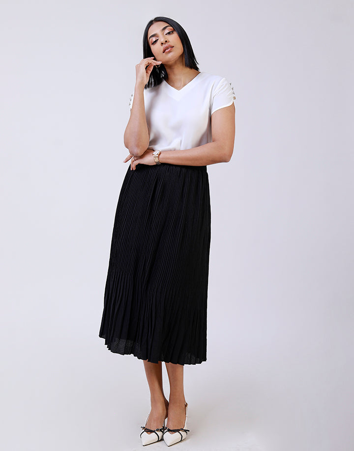 Waist Band Pleated Midi Skirt