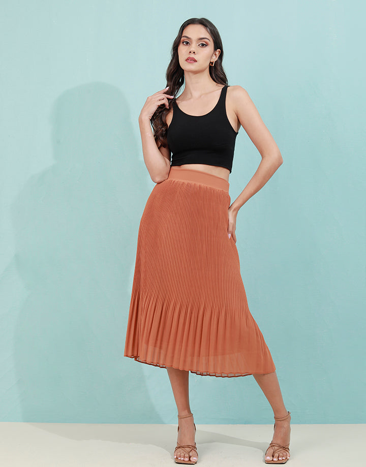 Waist Band Pleated Midi Skirt