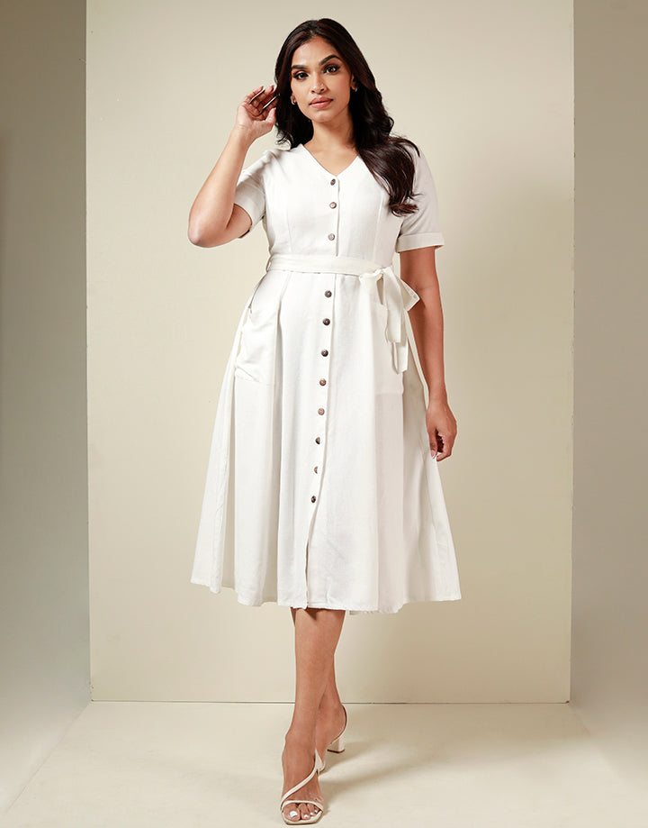 White A-Line Dress with Front Pockets