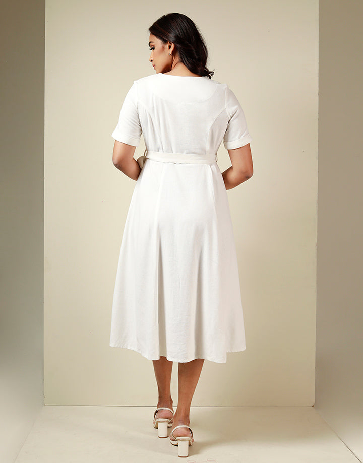 White A-Line Dress with Front Pockets