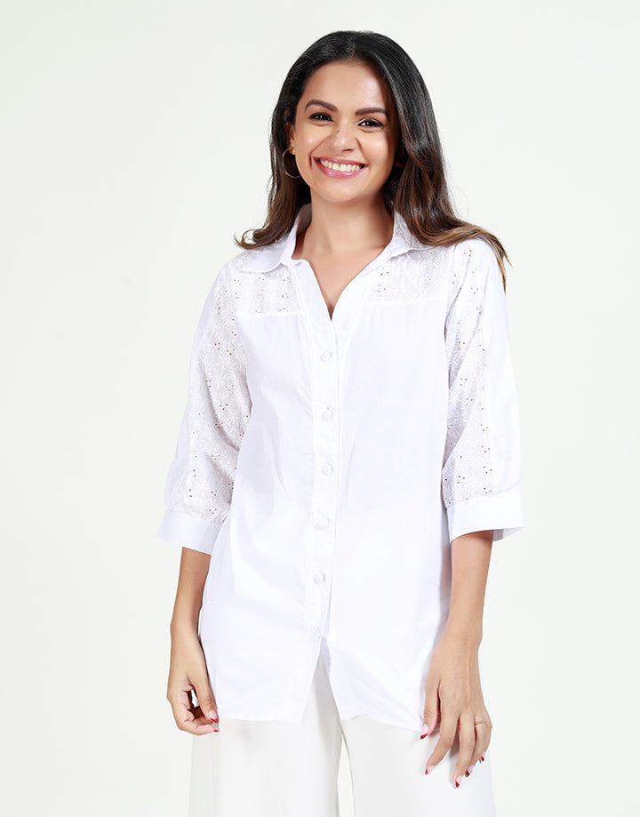 White Blouse with Cut Lawn Inserts