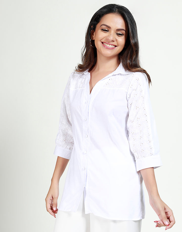 White Blouse with Cut Lawn Inserts