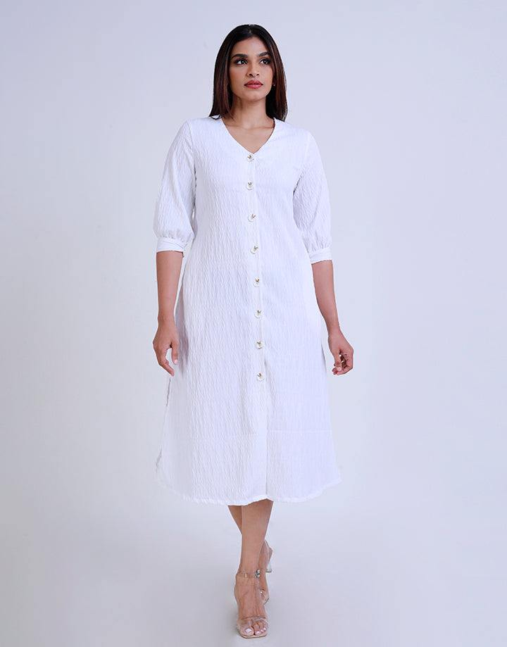 White Button-Down Dress with ¾ Sleeves