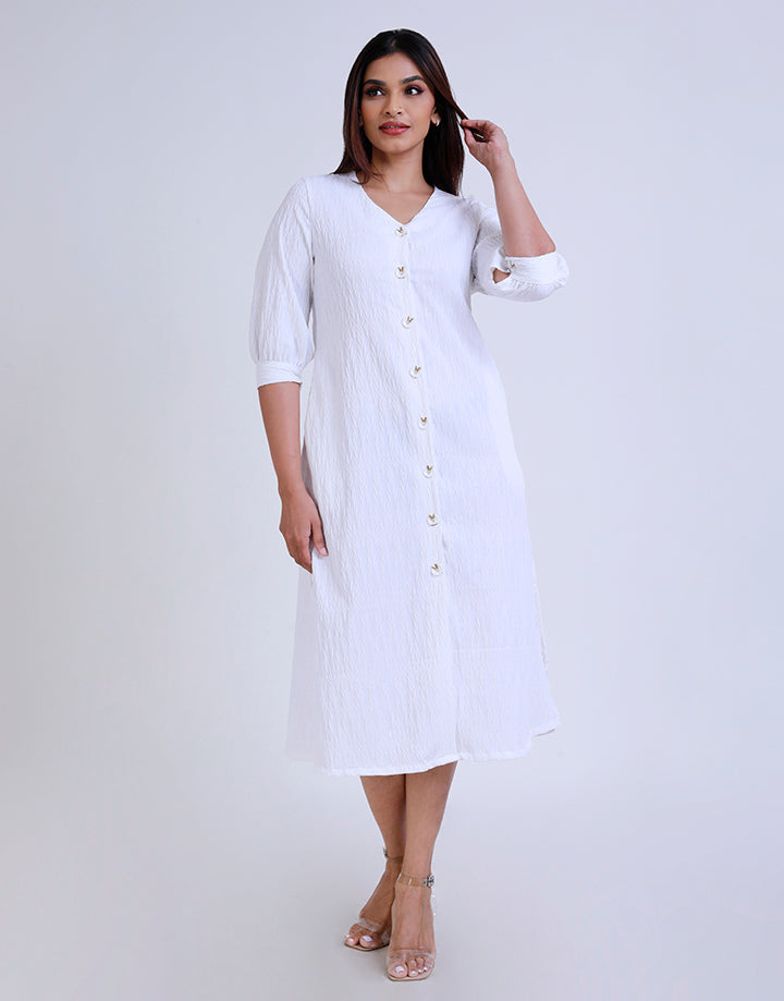 White Button-Down Dress with ¾ Sleeves