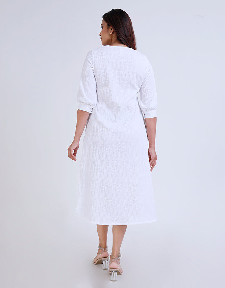 White Button-Down Dress with ¾ Sleeves