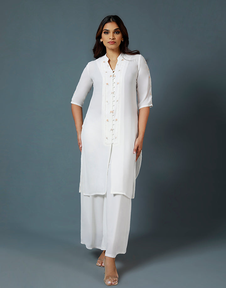 White Chinese Collar Embroidery Kurtha