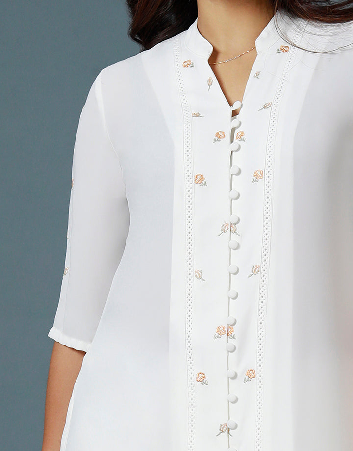 White Chinese Collar Embroidery Kurtha