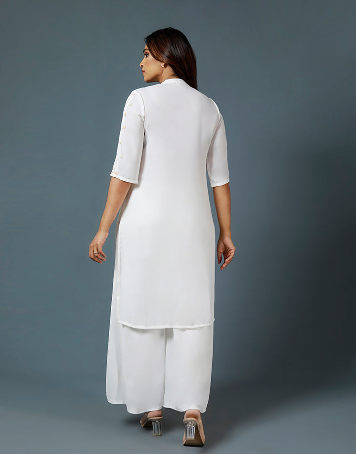 White Chinese Collar Embroidery Kurtha