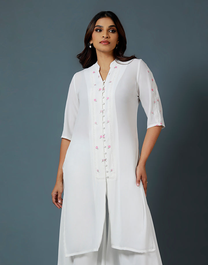 White Chinese Collar Embroidery Kurtha