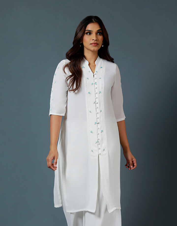 White Chinese Collar Embroidery Kurtha