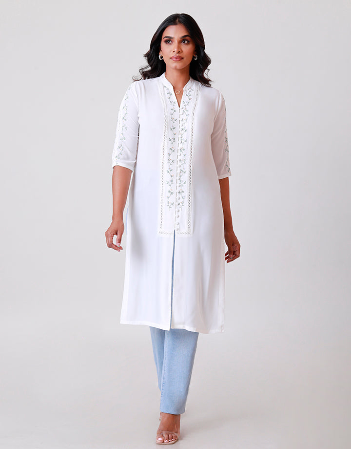 White Chinese Collar Embroidery Kurtha