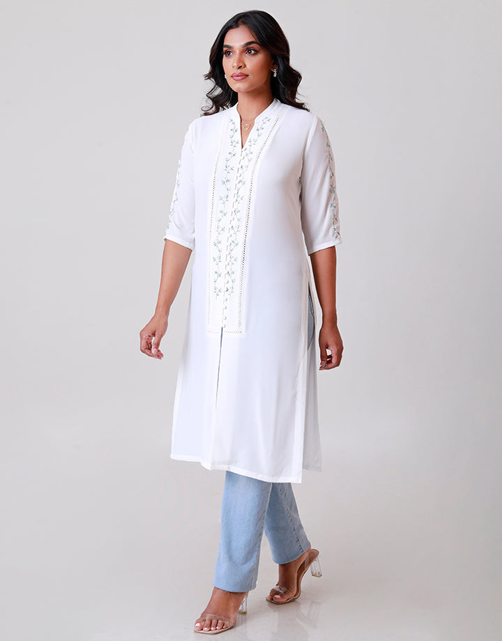 White Chinese Collar Embroidery Kurtha