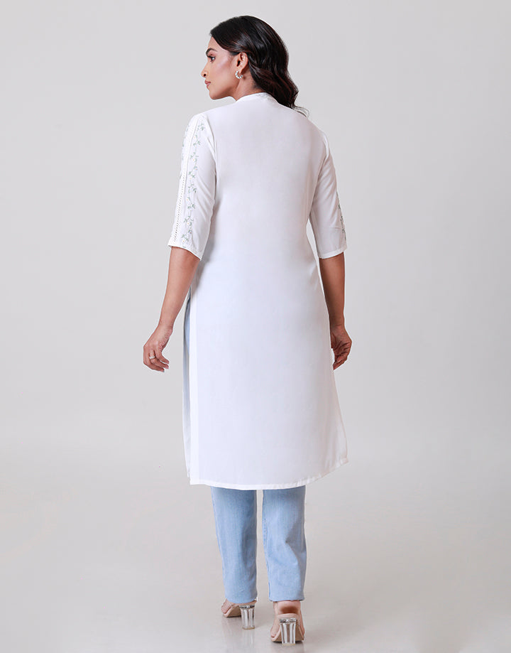 White Chinese Collar Embroidery Kurtha