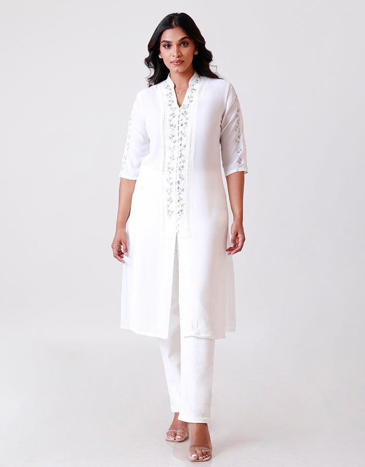 White Chinese Collar Embroidery Kurtha