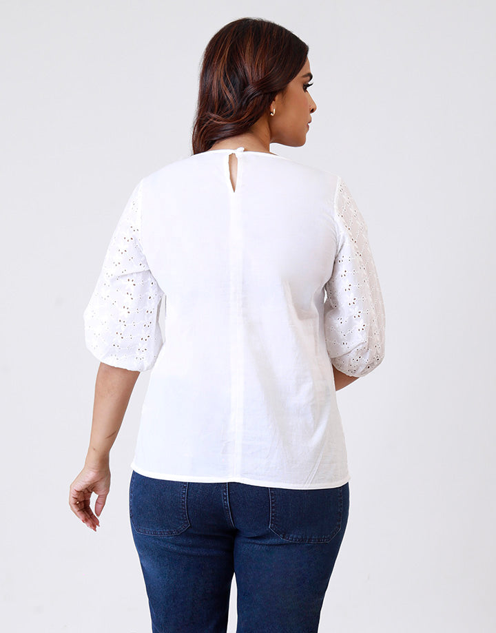 White Cut-Lawn Top with Puff Sleeves