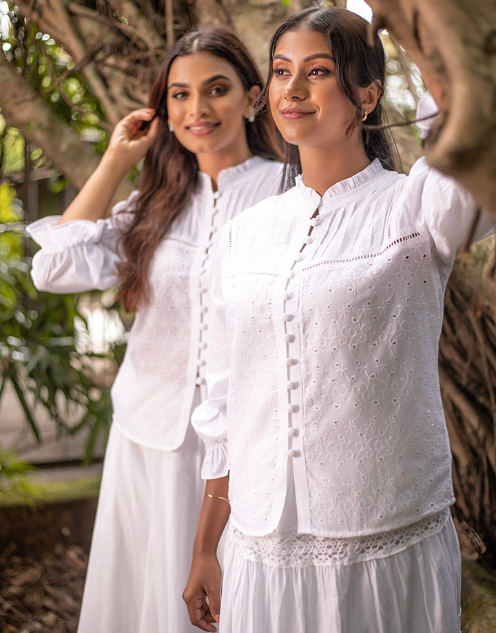 White Cut Lawn Blouse with ¾ Sleeves