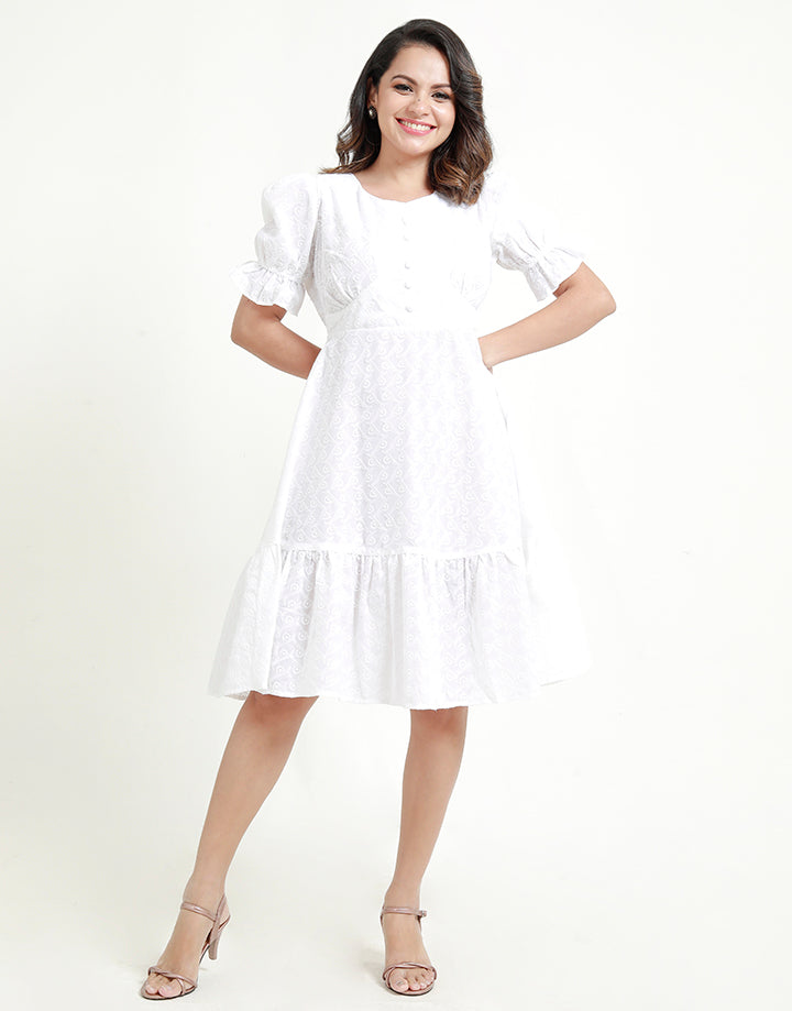 White Cut Lawn Dress with Puff Sleeves