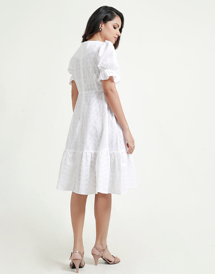 White Cut Lawn Dress with Puff Sleeves