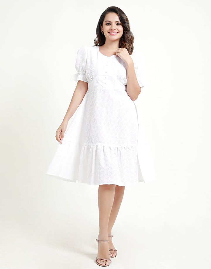 White Cut Lawn Dress with Puff Sleeves