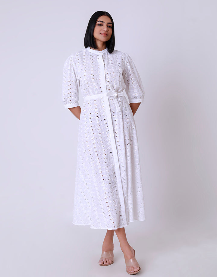 White Cut Lawn Maxi Dress with Belt